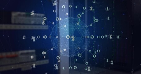 Wall Mural - animation of globe with connections and ai icons over computer servers