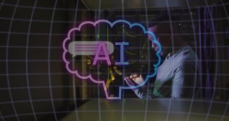 Wall Mural - animation of ai text in brain and chat icons over african american man using tablet