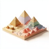 A creative concept of a miniature world diorama blending arid desert landscapes with ancient pyramids and colorful mountain terrains