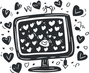 Wall Mural - black and white illustration of a computer monitor filled with heart shapes representing love and af