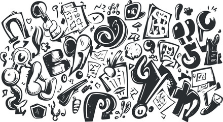 Wall Mural - abstract black and white doodle style sketch with random shapes and creative design elements