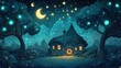 © Can Berkol - cozy cottage glowing under crescent moon and starry sky