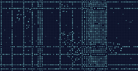 Abstract digital grid with light blue dots on dark background.