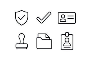 simple outline stroke icon isolated on white background: verification check mark ID card stamp line folder sheet badge icon
