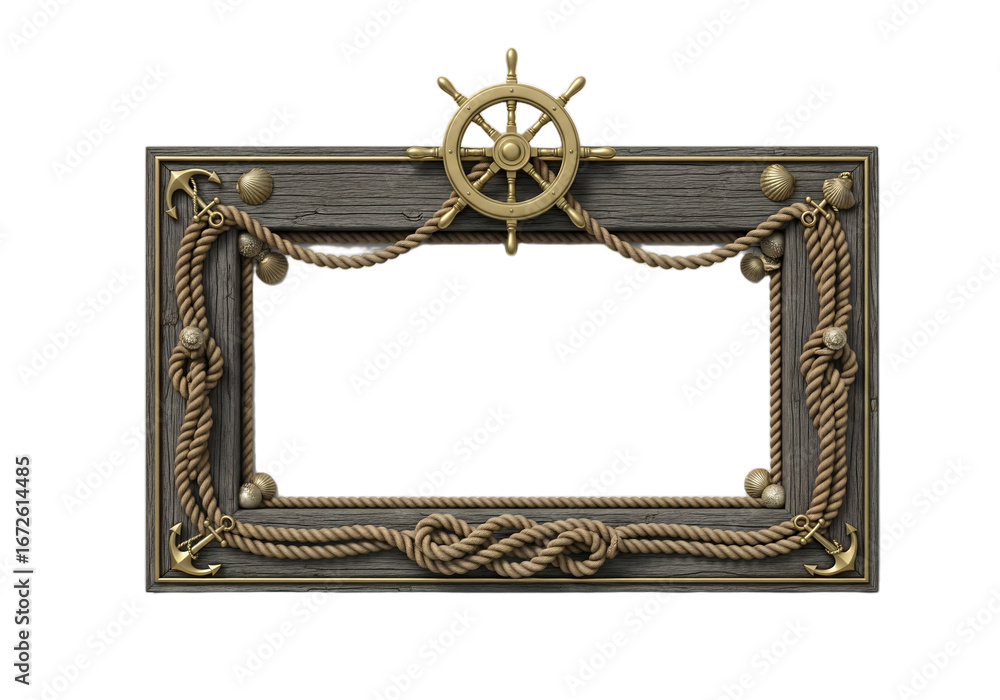 Nautical Rop Frame A decorative frame with a ship's wheel, ropes, and nautical elements ...