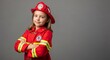 © Tgad - Adorable Young Girl Dressed as a Firefighter Ready for Action with Arms Crossed Confidently Posing in a Studio Setting for Career Day