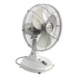 © mobil - A vintage white table fan with a chrome cage and blades against a black background in studio shot created with generated ai