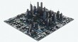 © CG - A computer city with a futuristic skyscraper showing a drone taking a photo of a miniature city, urban future concept, isolated on white
