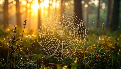 Spiderweb glistening with dew hanging in a misty forest at sunrise