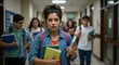 © SimpleDesignStudio - Anxious teenage girl student walking through a crowded school hallway. Young woman feeling stressed and worried about bullying or exams at high school or college.