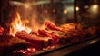© Nardo leo - Delicious roasted meat cooking over open fire with glowing embers and rustic seasoning in warm atmosphere