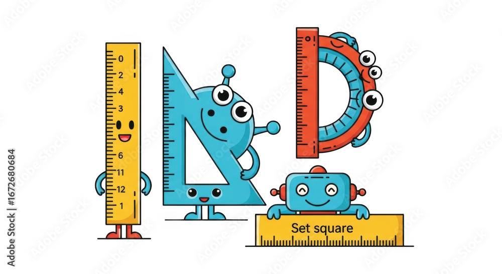 Cartoon Ruler Square Cute cartoon rulers and set square vector illustration for education ...