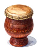 Ornate wooden drum with a rich reddish-brown hue and intricate carvings, showcasing a traditional design.