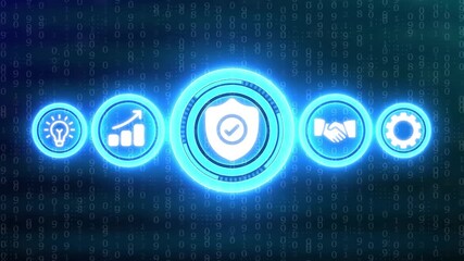 Digital Security and Business Growth Icons with Binary Code Background shield checkmark