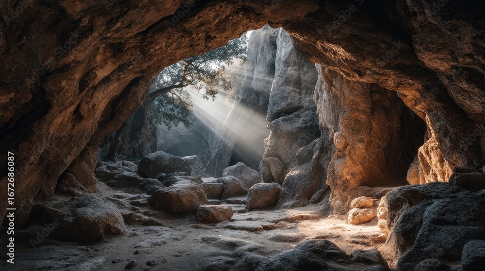 stone cave opening with jagged rocks framing the entrance and sunlight ...