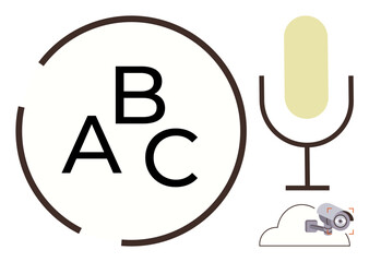 Microphone, ABC letters encircled, camera within cloud. Ideal for voice recognition, security, AI development, smart technology, education, cloud services digital recording simple flat metaphor