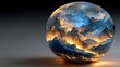 © kevin - A spherical object displays a landscape with mountains and a cloudy sky.