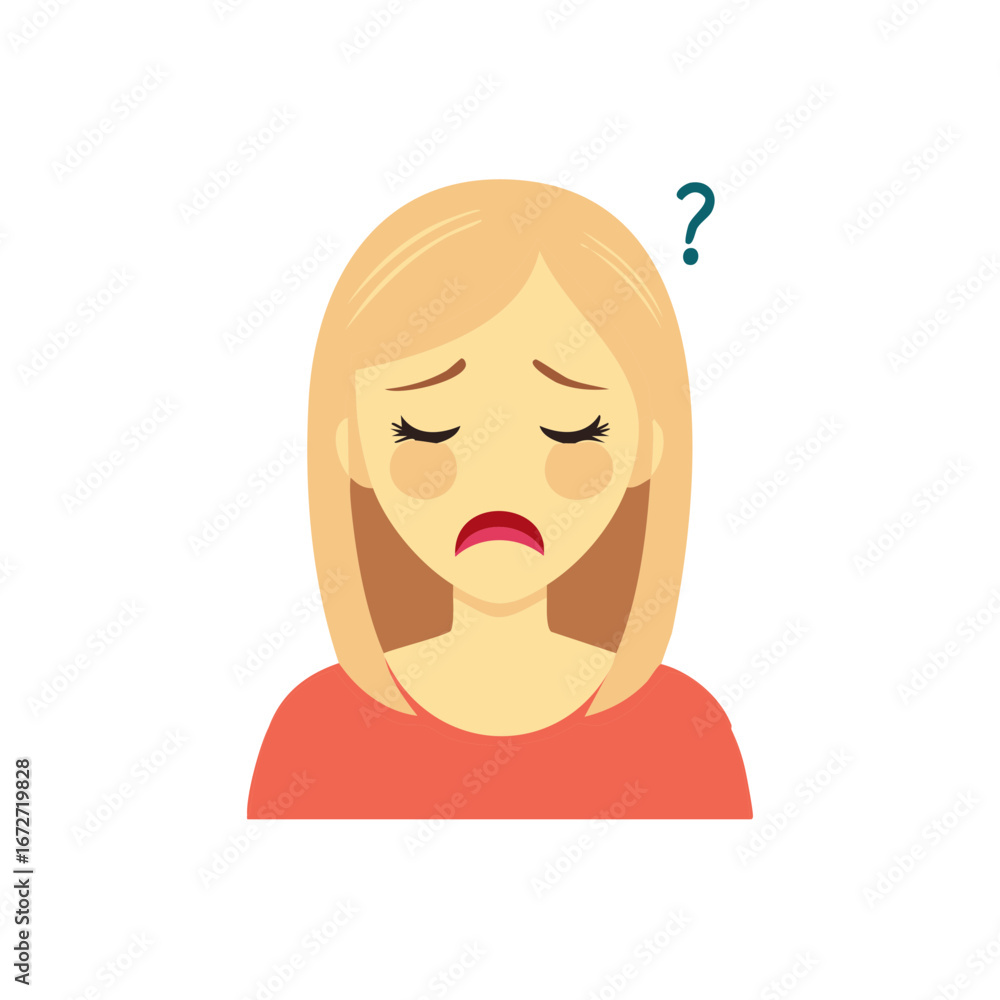 Sad woman with question mark above her head expressing confusion or ...