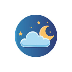 Wall Mural - Night Sky with Crescent Moon, Clouds, and Stars on Blue Circle Background Concept Illustration