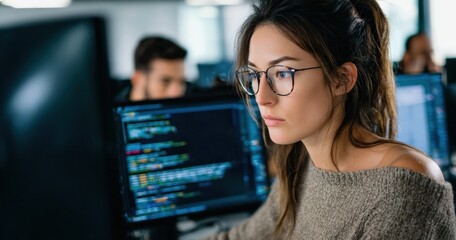 Young woman software developer concentrating on her work in the office, writing code on a computer