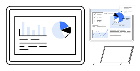 Tablet and laptop displaying bar graphs, pie charts, and interface widgets. Ideal for analytics, reporting, research, technology, education marketing business strategies. Perfect for a simple