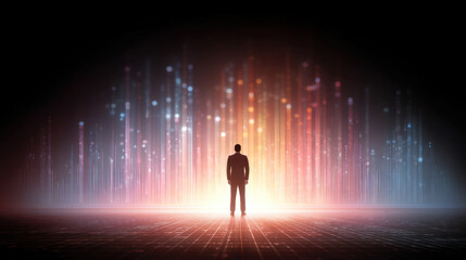 Wall Mural - silhouette of man stands against vibrant backdrop of colorful light beams, creating sense of wonder 