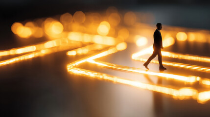 Wall Mural - businessman walks along glowing path, symbolizing progress and innovation. warm light creates sense 
