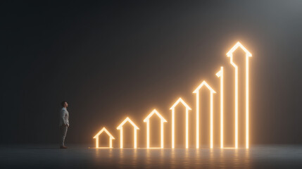 Wall Mural - person stands in front of glowing upward arrows symbolizing growth and progress in dark environment.