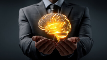 Wall Mural - image depicts person suit holding glowing, stylized representation of brain, symbolizing intelligenc