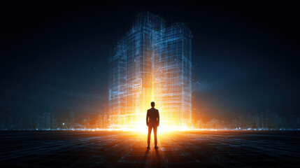 Wall Mural - person stands in front of futuristic skyscraper illuminated by bright orange light, symbolizing inno