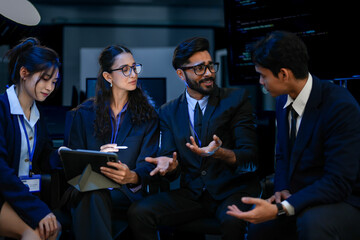a diverse team of ai strategists in a project huddle, reviewing a neural network design on a tablet.