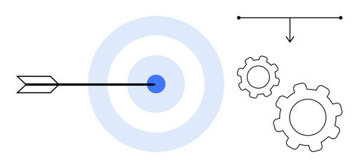 Arrow striking bullseye with circular target, gear symbols, flow direction line. Ideal for strategy, precision, workflow, efficiency, teamwork goal setting growth. Simple landing page