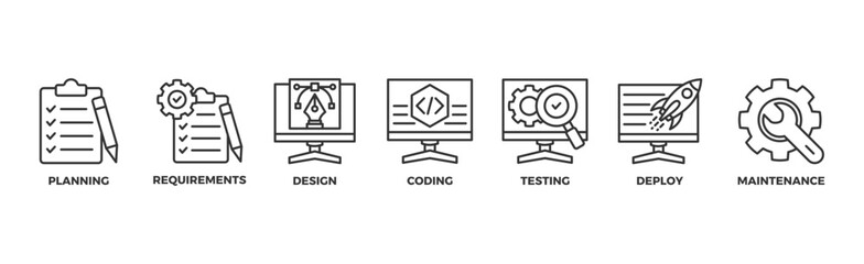 Software development life cycle banner web icon vector illustration concept of sdlc with icon of planning, requirements, design, coding, testing, deploy and maintenance