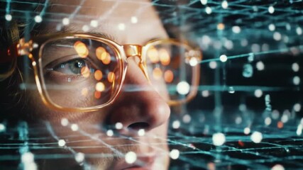 Focused Man with Glasses Immersed in a Futuristic Data Network on Black Background