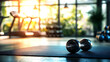 © นิโลบล ชํานาญธรรม - Fitness gym interior featuring dumbbells mat, with exercise equipment background and natural light streaming in, creating inviting atmosphere
