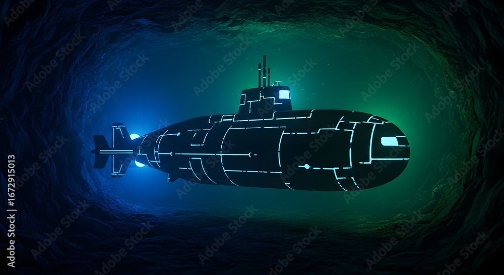 Futuristic submarine with glowing technological patterns navigating the ...