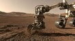 © comando - Mars rover collecting soil sample on the red planet's surface with its robotic arm and wheels visible