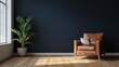 © Temblem - Modern interior of living room with leather armchair on wood flooring and dark blue wall- 3D rendering