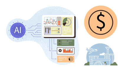 Wall Mural - AI-driven dashboard analyzing data, financial trends, and progress charts. Ideal for AI, technology, automation, finance, data visualization, logistics futuristic innovation as a simple flat