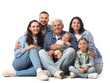 © Pixel-Shot - Portrait of big family in denim clothes sitting on white background
