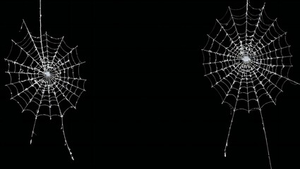 Two detailed white spiderwebs against a stark black background