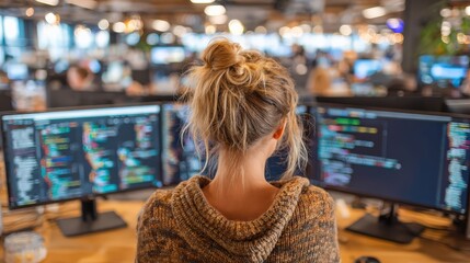 a woman coding at work