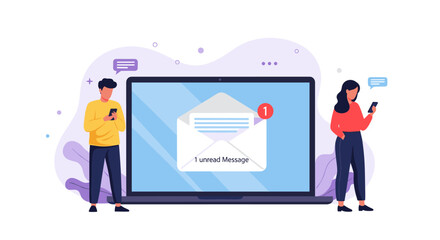Modern communication concept with people checking phones near laptop showing unread message notification
