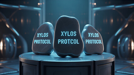 Xylos protocol stones stand on a futuristic platform in a cyber environment