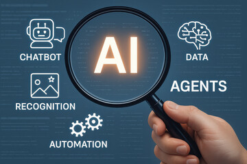 AI technology concept with magnifying glass and icons for chatbot, data, recognition, automation
