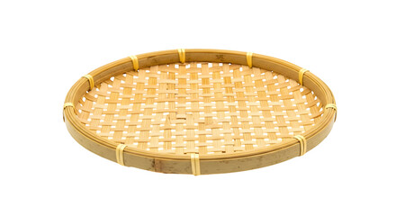 A round bamboo tray isolated on transparent background, showcasing its woven texture, natural material, and rustic charm for serving food and decor