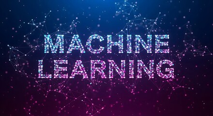 The text MACHINE LEARNING on a futuristic digital background with a particle network. Concept of artificial intelligence, data science, and technology.