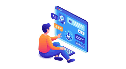 A person sitting on the floor interacts with an artificial intelligence chatbot on a large computer interface.