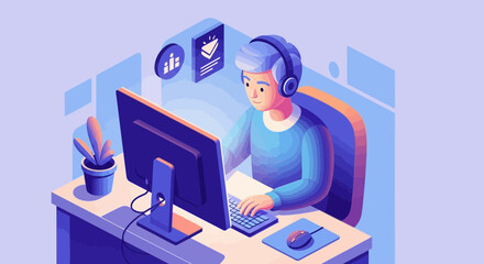 Isometric illustration of a young man with headphones working intently on a desktop computer at his desk.