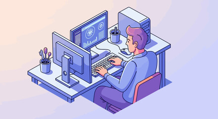 Isometric illustration of a man working at a desk with a dual-monitor computer setup, analyzing data on screen.